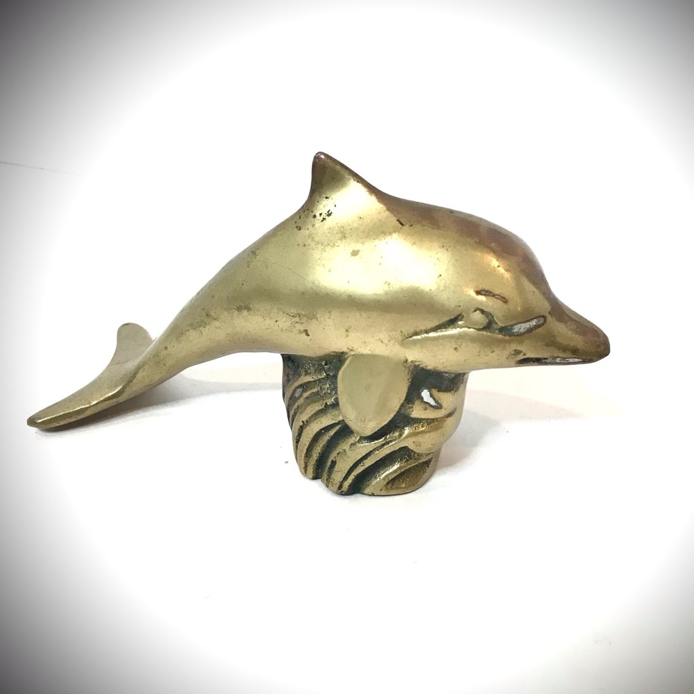 Vintage Solid Brass Dolphin Porpoise Ocean Mammal Swimming MCM Sea Totem Accent